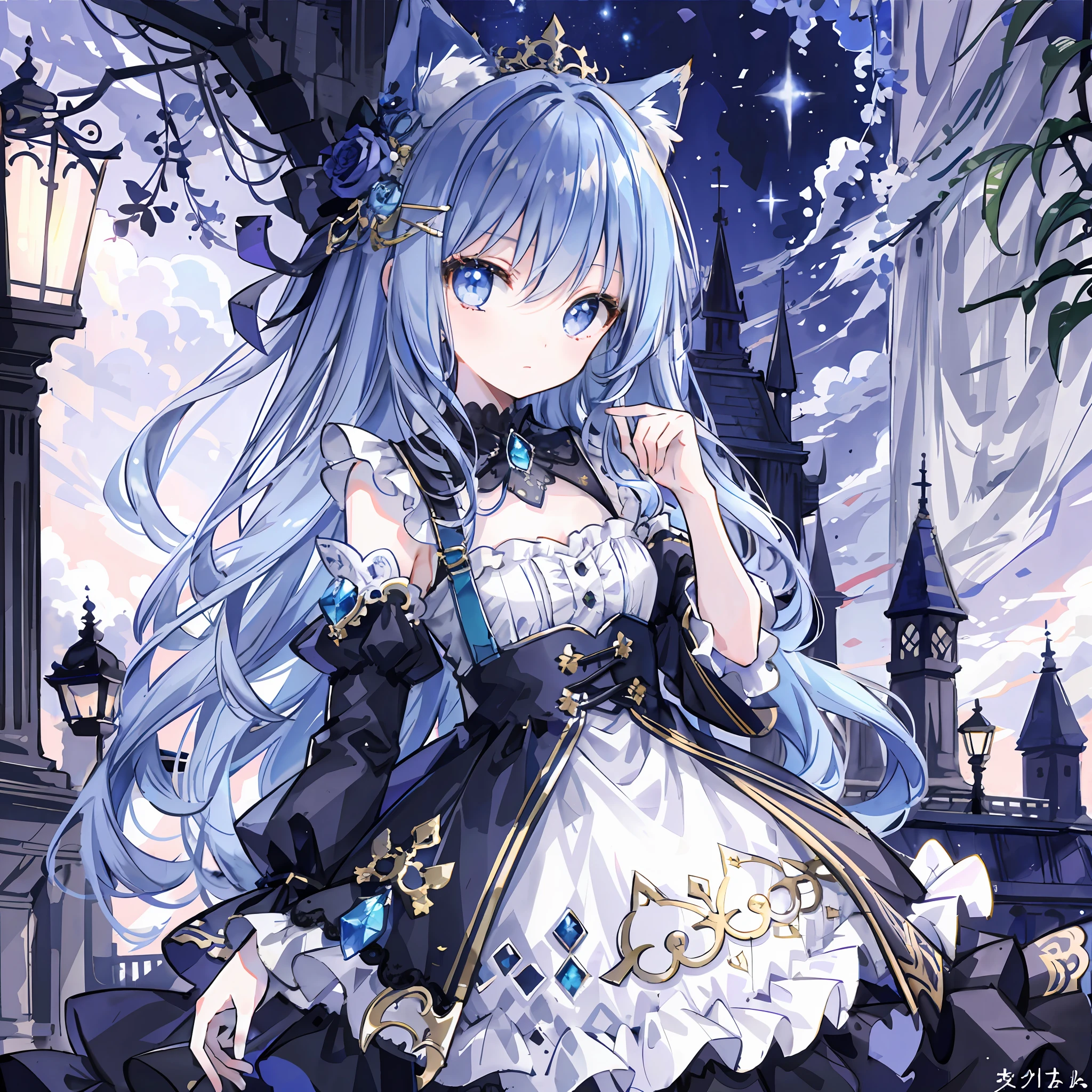 (masterpiece), (best quality), (1 girl), amazing, beautiful detail eyes, fine details, depth of field, original, ((best quality)), ((super detailed)), (best illustration), (best lighting, best shadow), (very delicate and beautiful)), very detailed wallpaper, dream background, landscape, young girl, loli, full body, single, solo, petite, gothic, underage, female child, young loli, Sapphire crystal eyes, float semi banded long Sapphire crystal hair, ahoge, wavy shoulder length Sapphire crystal long hair, Sapphire crystal hair ornament, Sapphire crystal hair clip, cat ear, collar,blue_rose