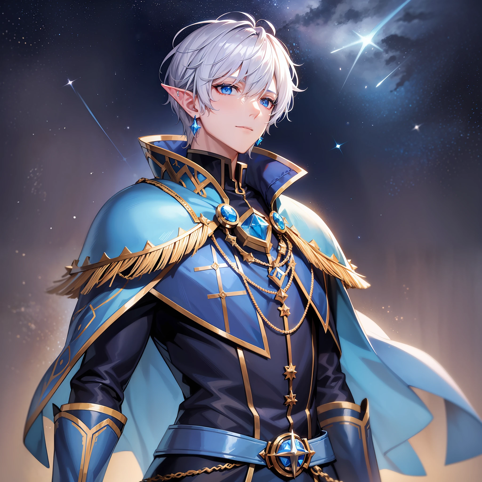 Young man, blue eyes, elf ears, meteorite earrings, blue coat,armor, spiky shoulders, blue clothes, long collars, blue cape, white hair, pale skin, in the space, among the stars, constellations, solo, cowboy shot, masterpiece