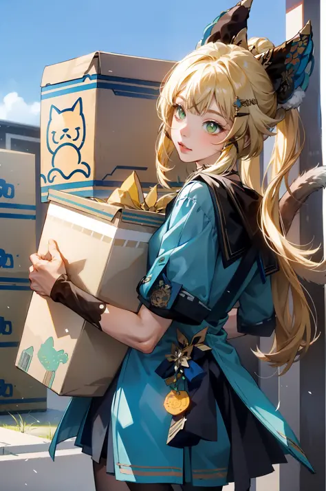 ((masterpiece)), 1 girl solo, cat ears. 2 tails, holding packages, lots of boxes, post office