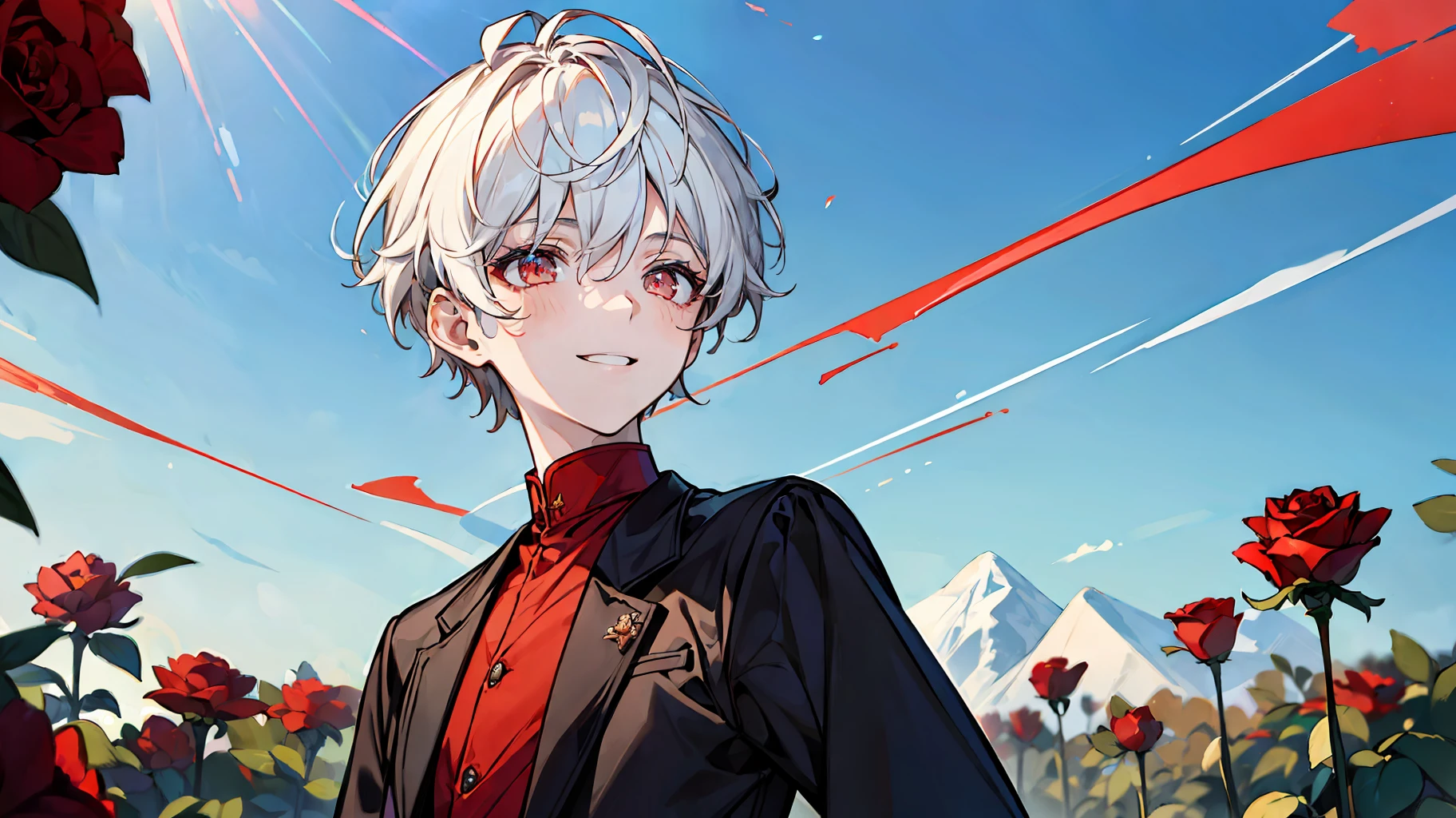 ((masterpiece)),(((best quality))), (high-quality, breathtaking),(expressive eyes, perfect face), short, young boy, short white hair, red eyes, smiling, black outfit, wear short shorts, shine, glow, red roses, sunshine, blue sky, up close, portrait