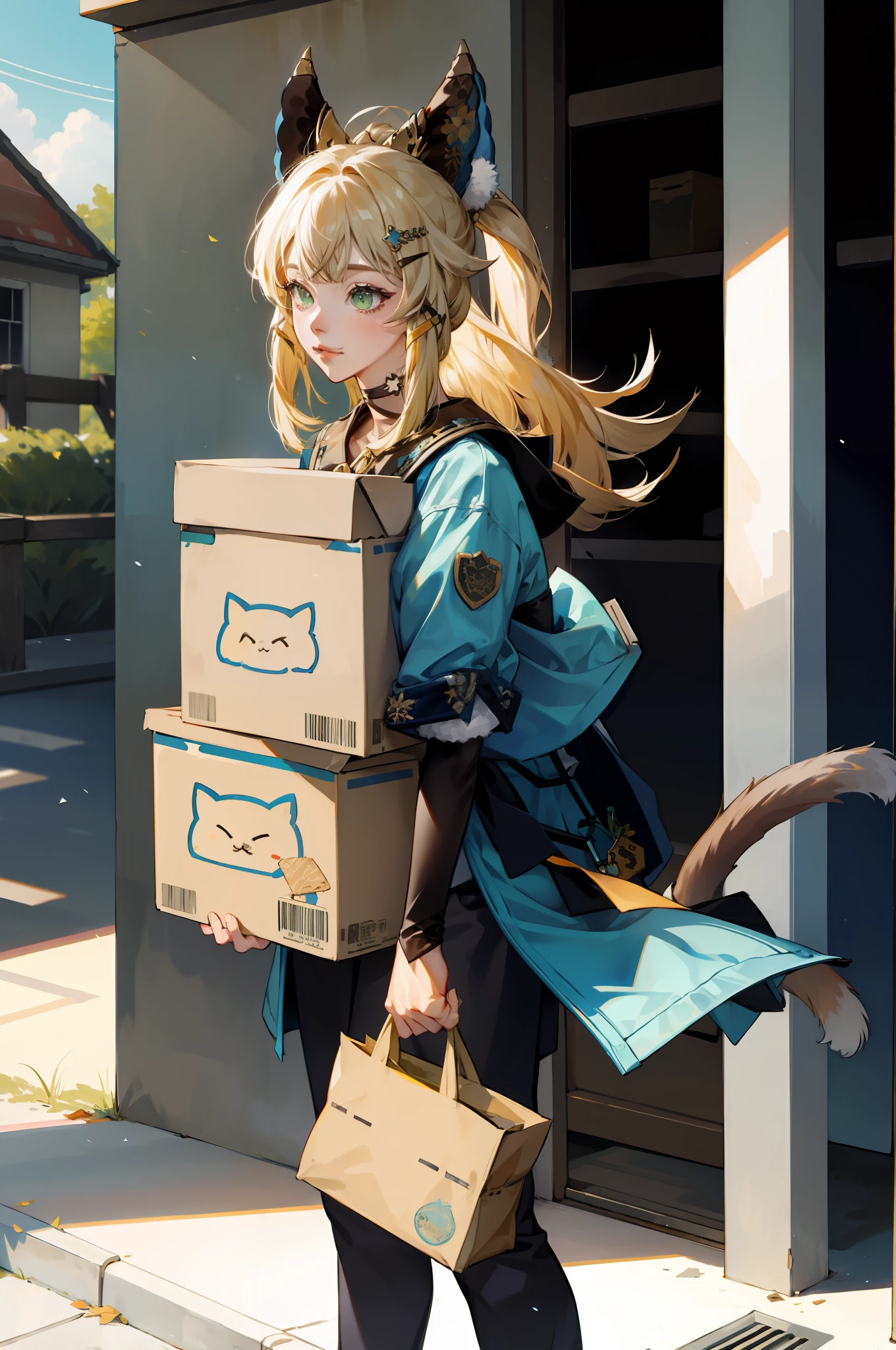 ((obra de arte)), 1 garota sozinha, orelhas de gato. 2 caudas, Segurando pacotes, muitas caixas, correios