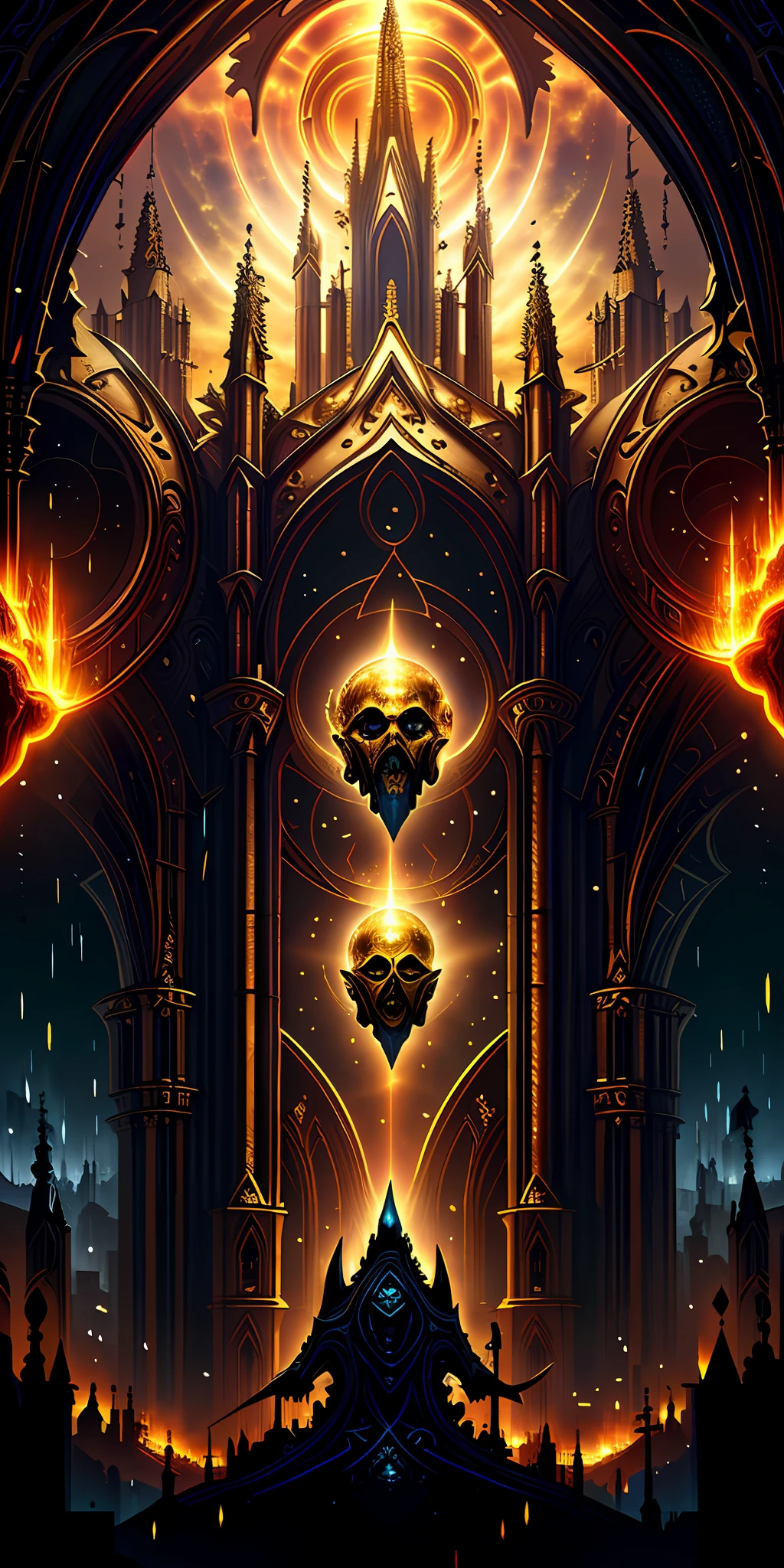 android mechanical lich:unholy celestial aura, (subject above a gothic cathedral)=1.5, robot wings,earnst haeckel, james jean. generative art, baroque, intricate patterns, fractalism, movie still, photorealistic, intricate, elegant, highly detailed, artstation, smooth, sharp focus, illustration, outrun, vaporware,epic wide angle shot, (monsters trapped in orbs of pure unholy celestial aura), angle from above, (Golden Death Mask) = 1.8, cinematic lighting, (unholy fire raining in the background lighting the scene) = 1.0, Yawning:Blank Stare, {Masterpiece}