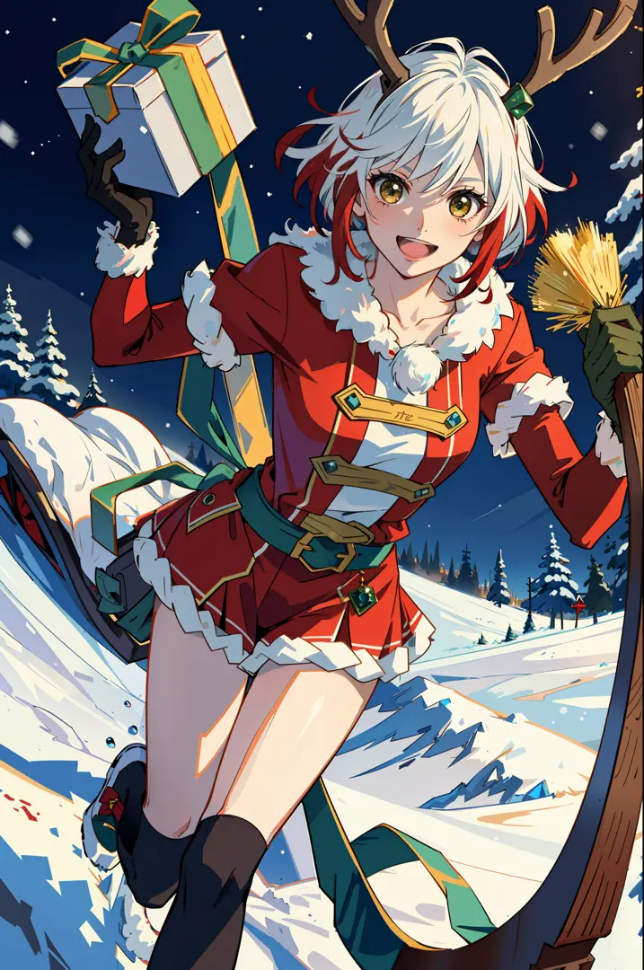 masterpiece, top quality, absurdity, perfect anatomy, one girl, solo, pascal tales,santa claus costume, short hair, riding a rei...