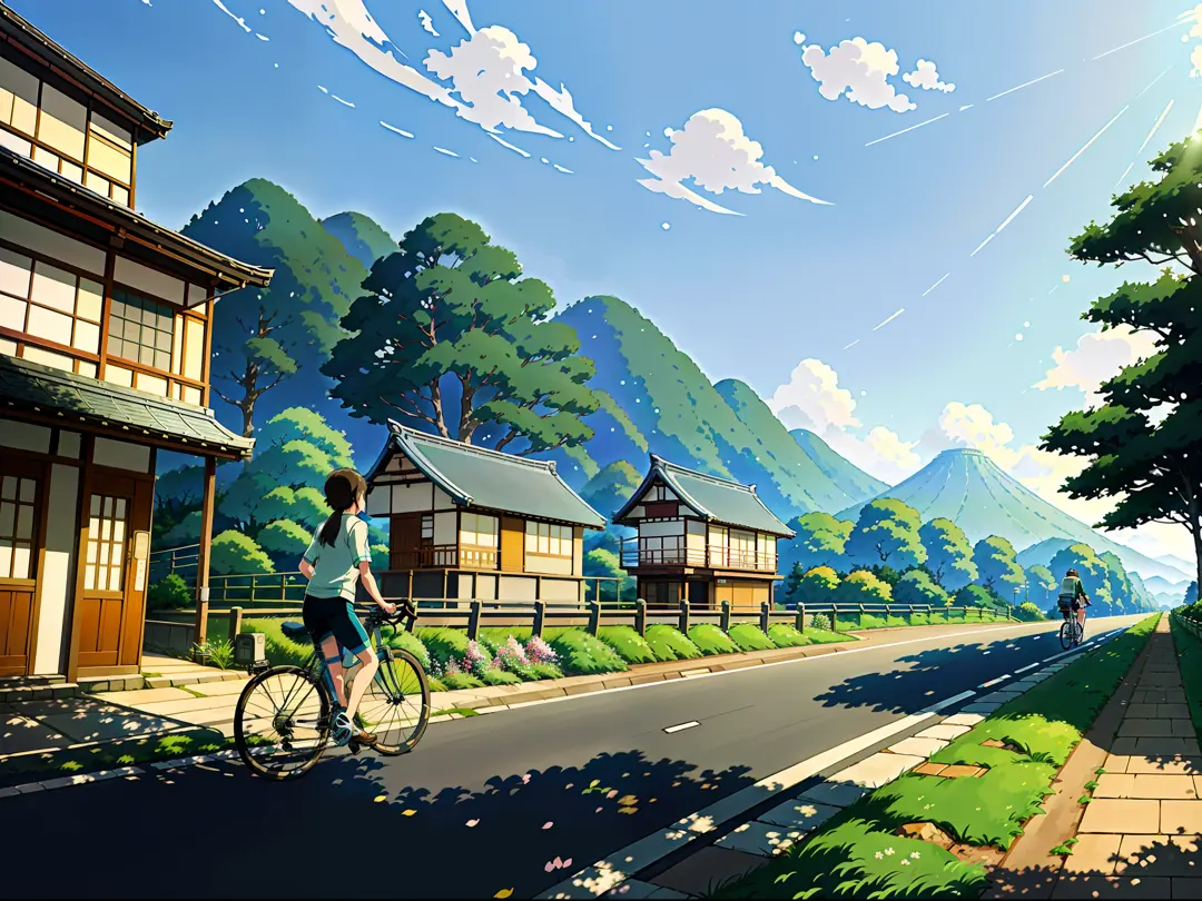 (bike: 1.5), (realistic bike: 1.5), (realistic cyclist: 1.5), front-up cyclist, close-up, japanese landscape, country road, japa...