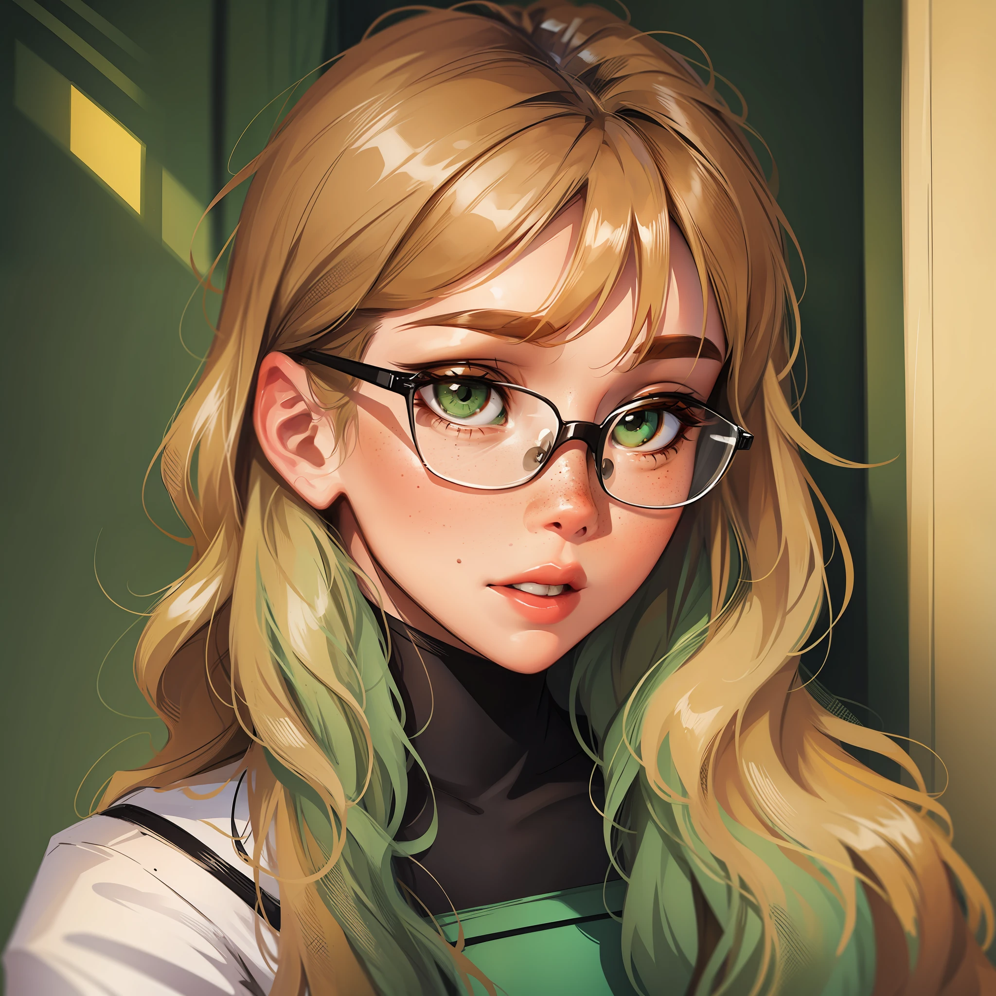Menina com sardas, óculos e olhos verdes
