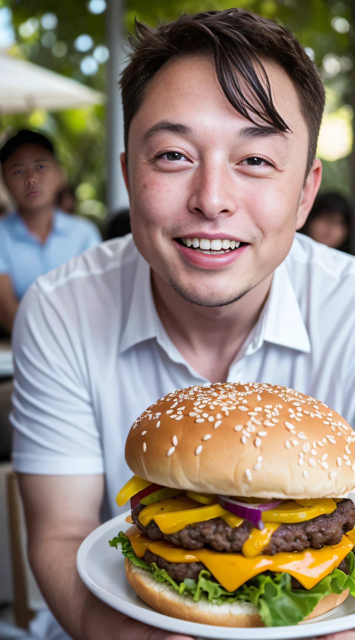 Cette image montre Elon Musk en train de déguster un hamburger à Baishamen., Haïkou, Haïkou, Chine. Elon Musk est assis à une grande table à manger en plein air sous le soleil qui brille sur lui. Son sourire était rempli de satisfaction et de plaisir. Il porte un T-shirt décontracté et a l&#39;air détendu. Sur la table, un énorme burger est présenté devant lui, la tarte est enveloppée de légumes colorés et de sauces, et diverses garnitures délicieuses sont superposées. Au-dessus du hamburger se trouve un grand cure-dent avec du bœuf tendre et des couches de fromage. Les galettes de hamburger ont un arôme grillé tentant qui met l&#39;eau à la bouche.. L&#39;arrière-plan de la photo est la magnifique porte Hainan Baisha., où la délicate plage de sable blanc s&#39;étend jusqu&#39;à la mer bleu clair. L&#39;ensemble de l&#39;image crée une atmosphère détendue, ambiance agréable et luxueuse, combinant la beauté et la cuisine d&#39;Elon Musk avec Baishamen dans la province de Hainan, Chine. Cette image montre de manière vivante son moment de bonheur en dégustant un délicieux hamburger à Baisha Gate --auto --s2