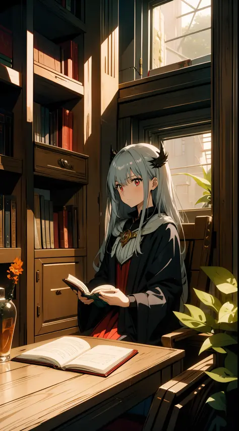 One girl, witch, silver hair, red eyes, fantasy style costume, library, reading a book, sitting in front of desk, concept art, o...