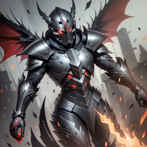 man, face, black armor, mask, red eyes, high quality, super detailed, super dark armor, front face, darker image, front face, 4 metal wings, closer, more front