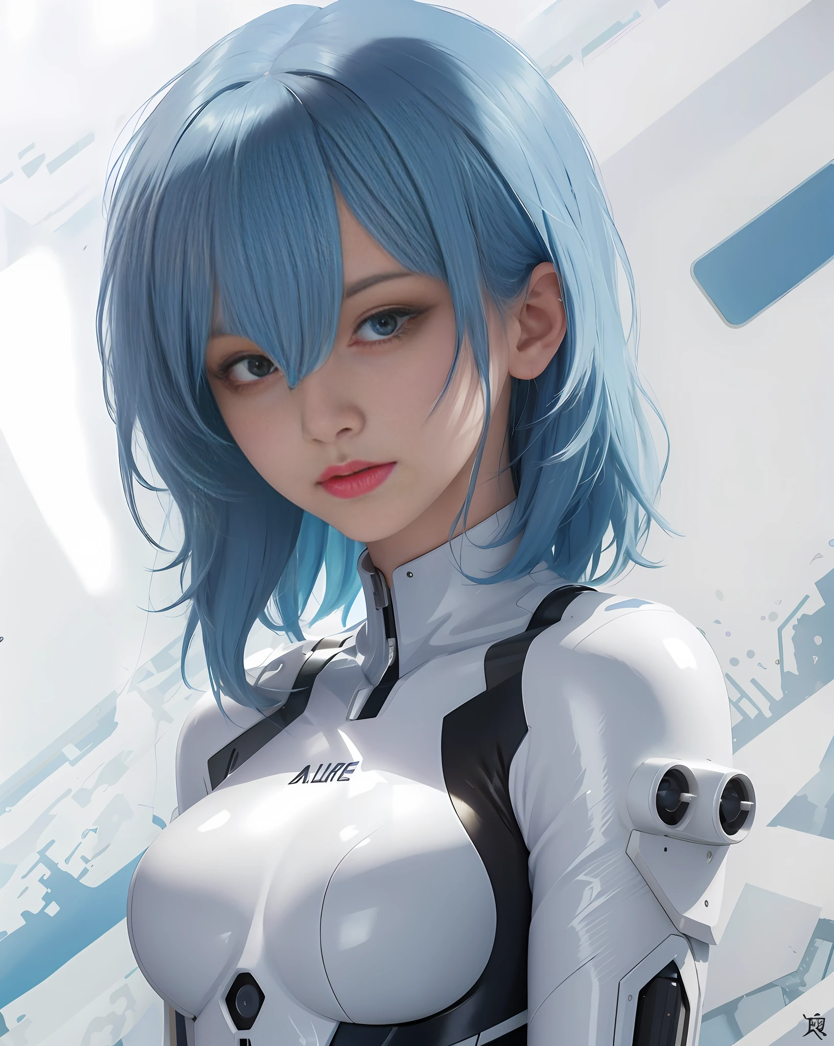 A close up of a woman in a futuristic suit with blue hair - SeaArt AI