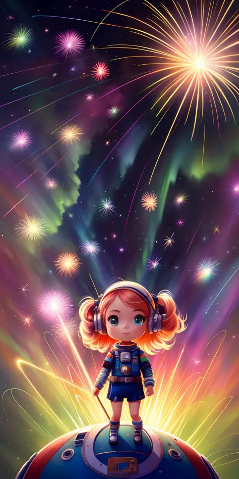 1girl,aerial fireworks, astronaut, aurora, milk way, festival,   chibi,  fisheyes, masterpieces, top quality, best quality, offi...