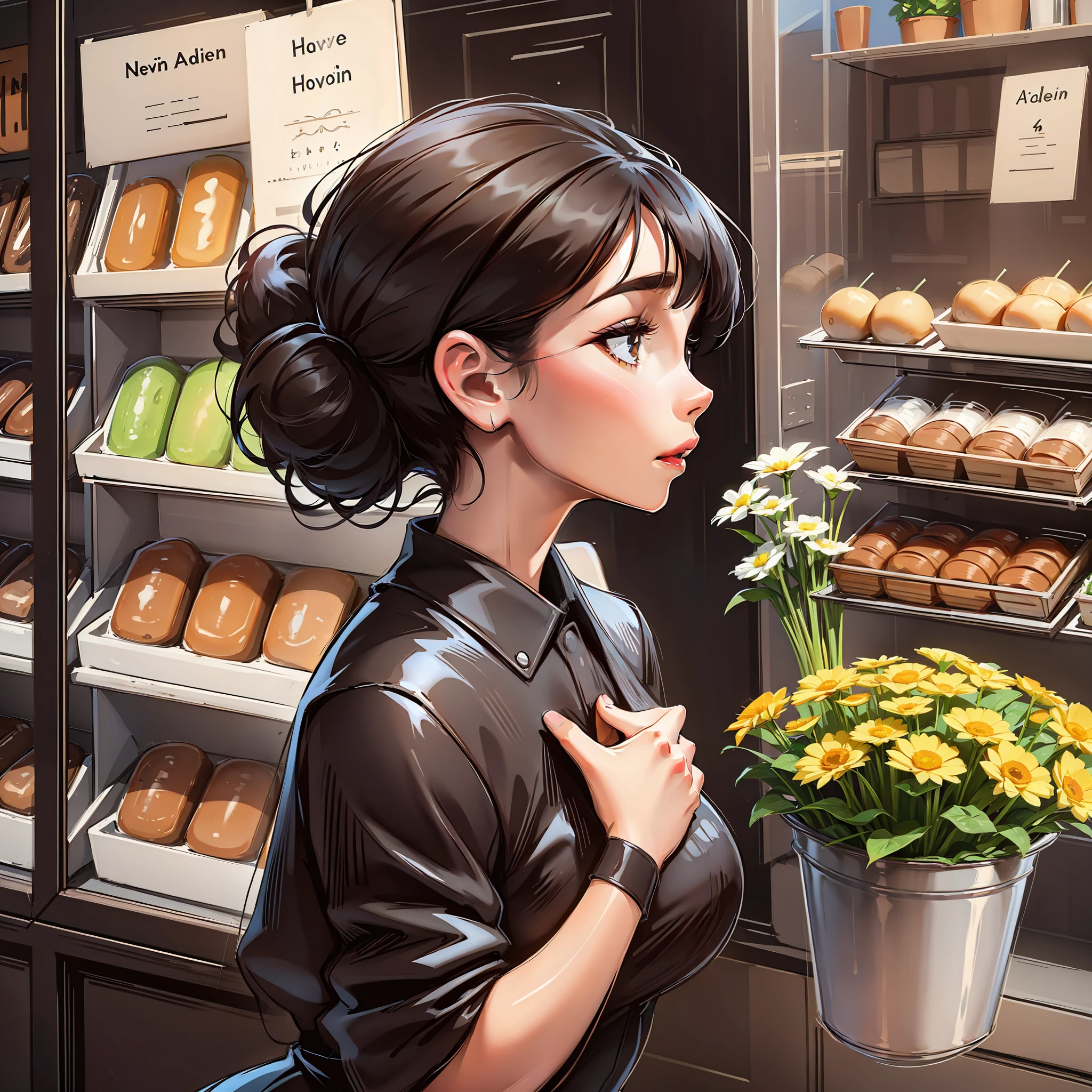 Black-haired girl in the style of Audrey Hepburn in front of a flower shop