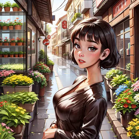 Black-haired girl in the style of Audrey Hepburn in front of a flower shop