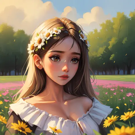 Woman with soft tones and a melancholic face around a field of flowers