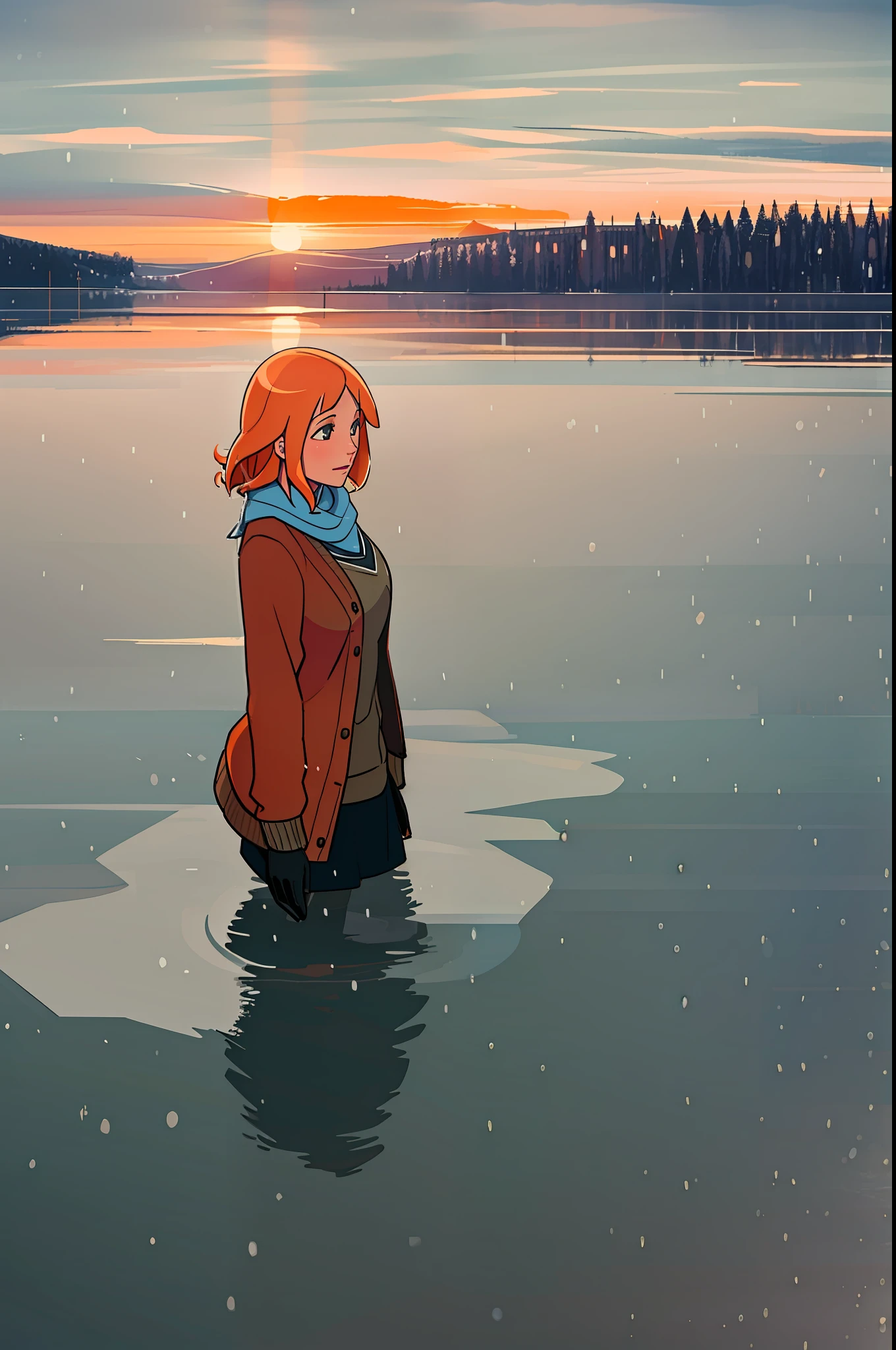 balsamique, masterpiece, best quality, 1girl, breasts, solo, cardigan, modest breasts, scarf, lake, walking into lake, sunrise, frost, gloves, orange hair, wading, dewdrops, sun behind head, serene, partially submerged, snow, clouds, snowing, close up