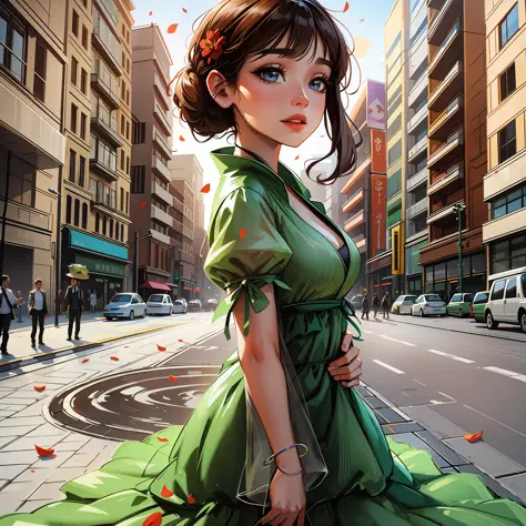 A woman whose eyes are flower petals and her dress is grass, in the middle of a city with pollution
