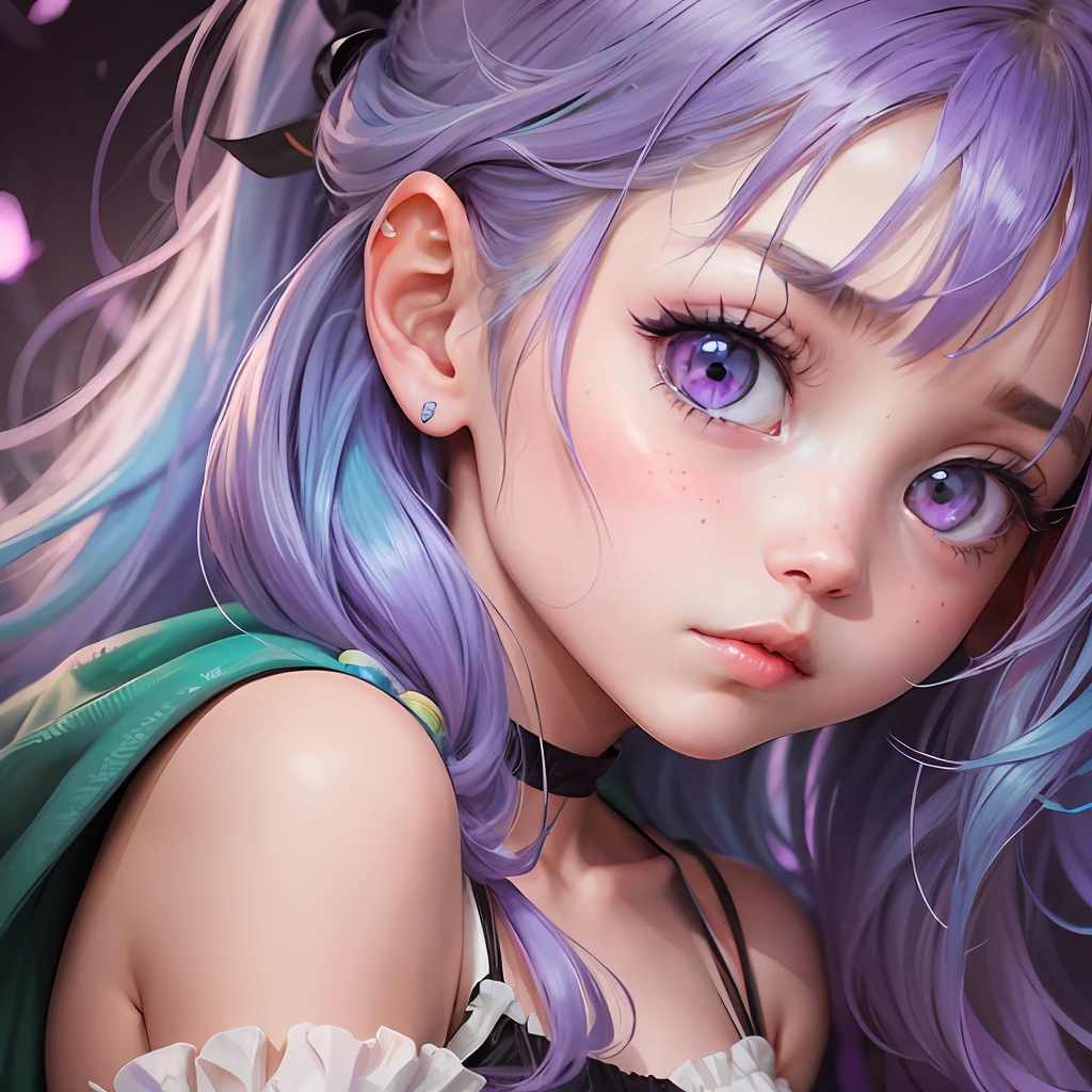 Sechsjähriges Mädchen mit violetten Augen und cyanblauem Haar im Anime-Stil