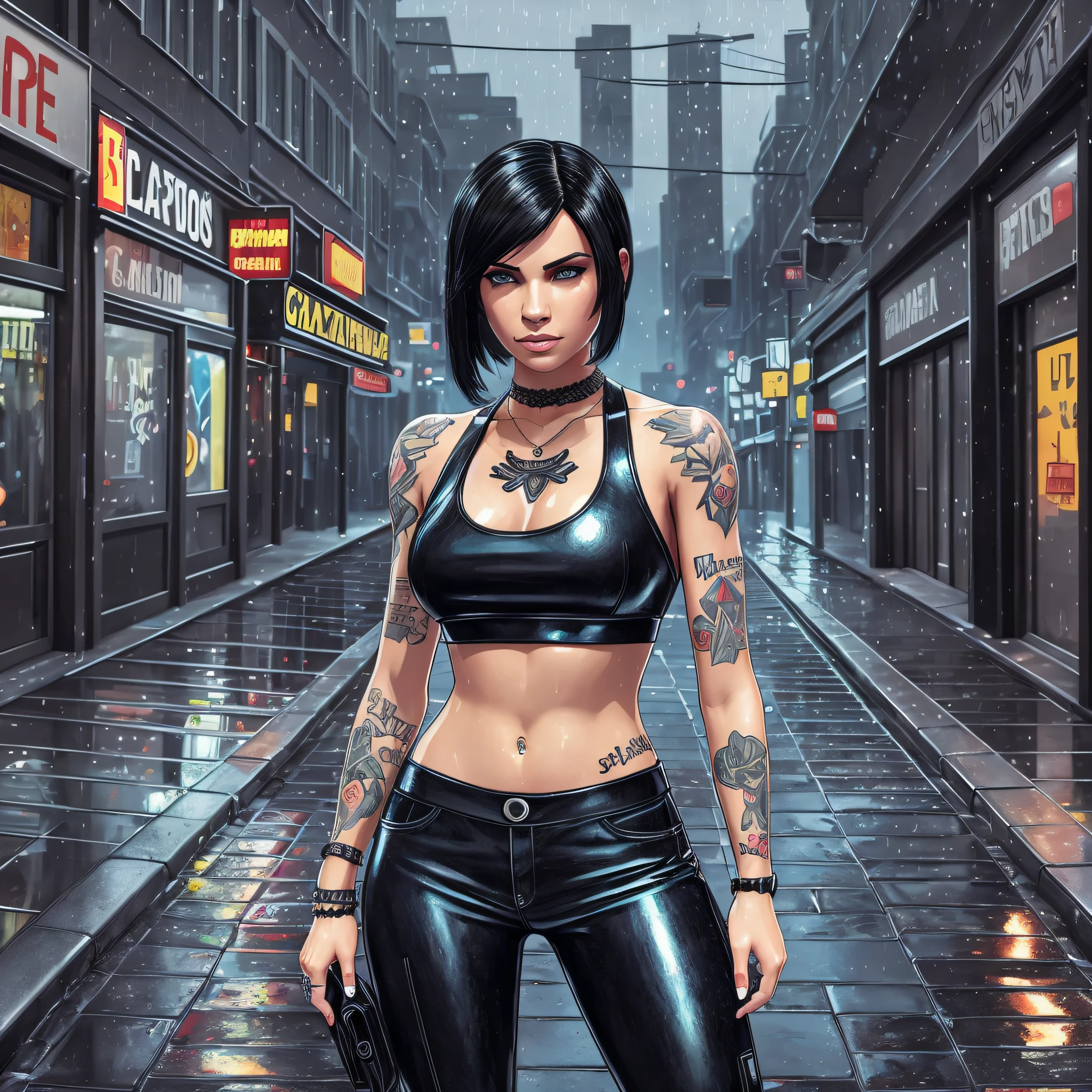 Arafed woman in black leather pants and a top with tattoos - SeaArt AI