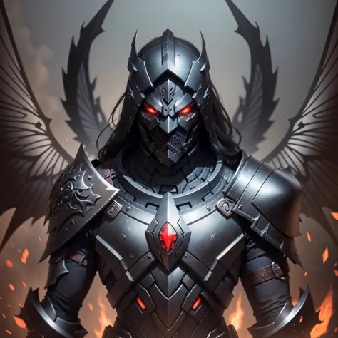 darker scene, man, face, black armor, mask, red eyes, high quality, super detailed, super dark armor, front face, darker image, front face, 4 metal wings, closer, more front, blacker armor, closest character image, darkest image and background, front, fron...