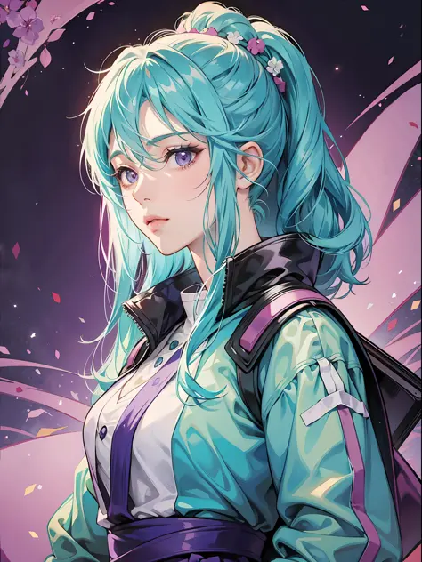 40 years old woman with cyan hair, purple eyes in anime style --auto --s2