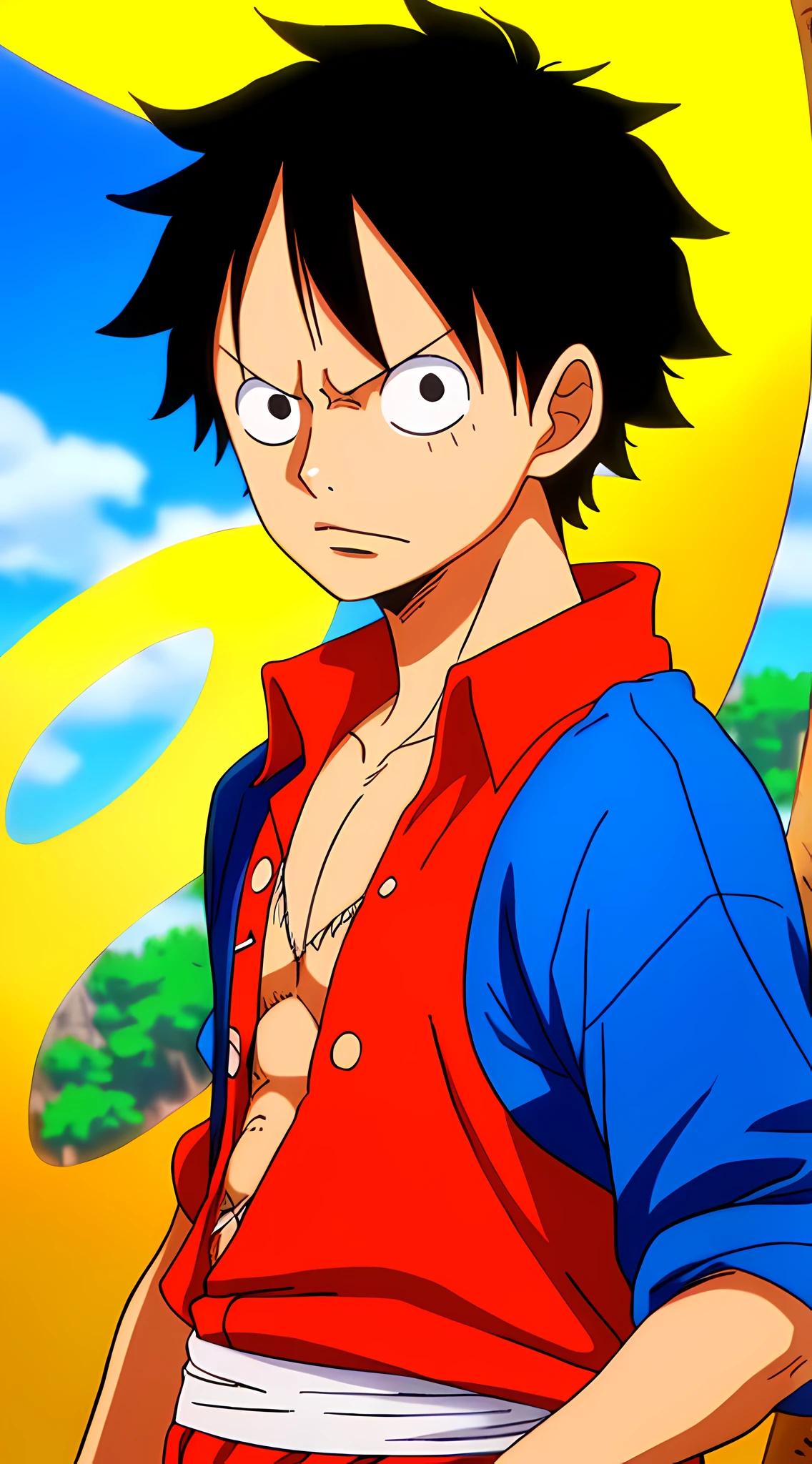 [WanoStyle:1.3] monkey d Luffy, the protagonist of One Piece, is depicted in a [portrait picture] with [best quality]. His [wanostyle] design reflects the artistic and cultural style of the Wano Country.