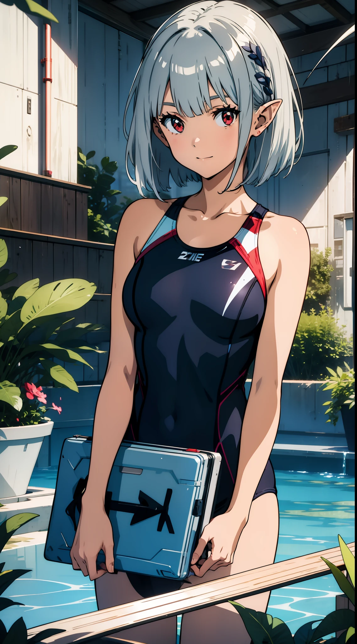 1 girl, swimsuit, competitive swimsuit, elf, silver hair, red eyes, bob cut, seaside, playing, laughing, concept art, official art