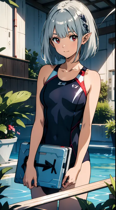 1 girl, swimsuit, competitive swimsuit, elf, silver hair, red eyes, bob cut, seaside, playing, laughing, concept art, official a...