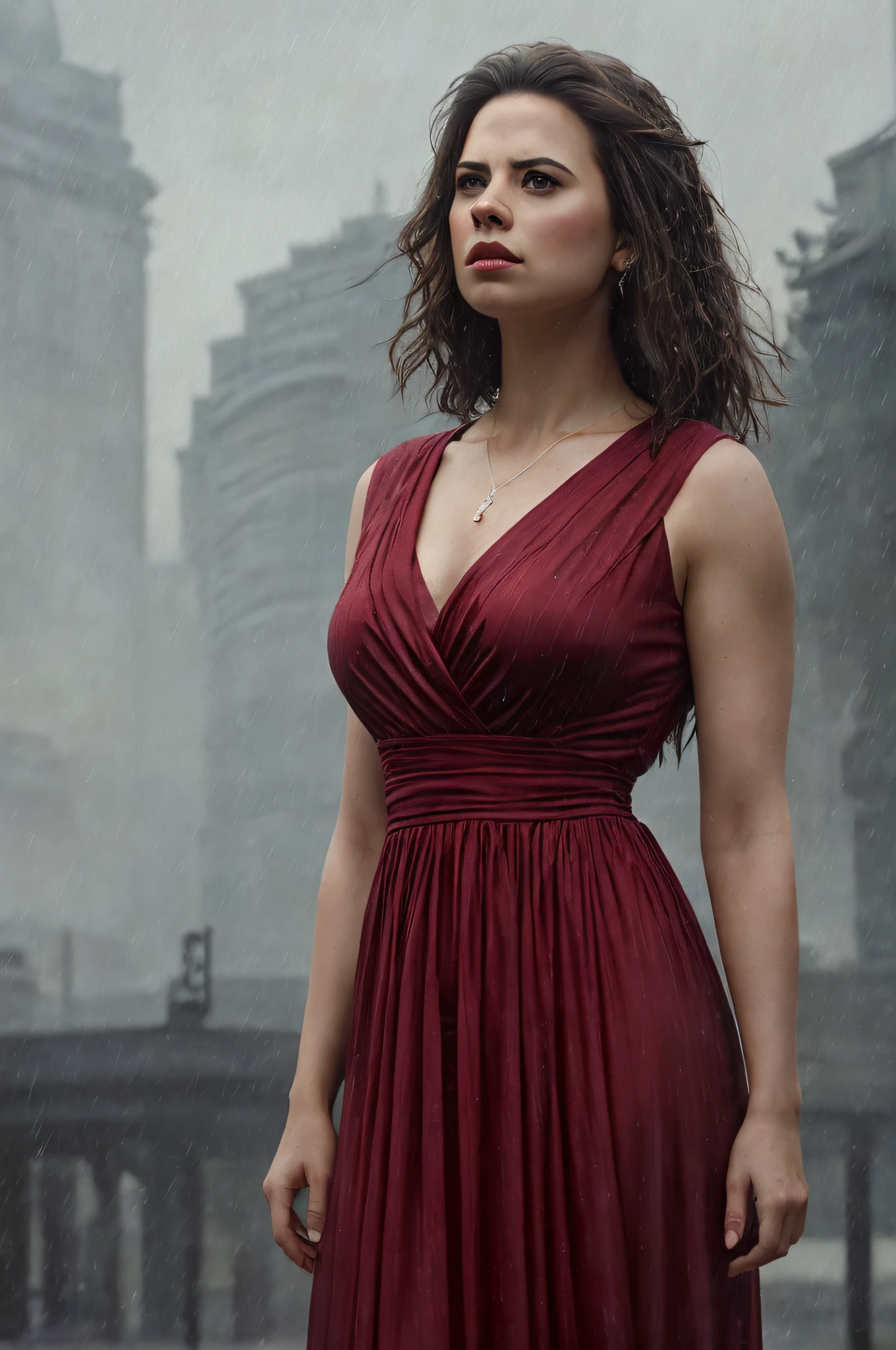 A woman in a red dress standing in front of a city - SeaArt AI