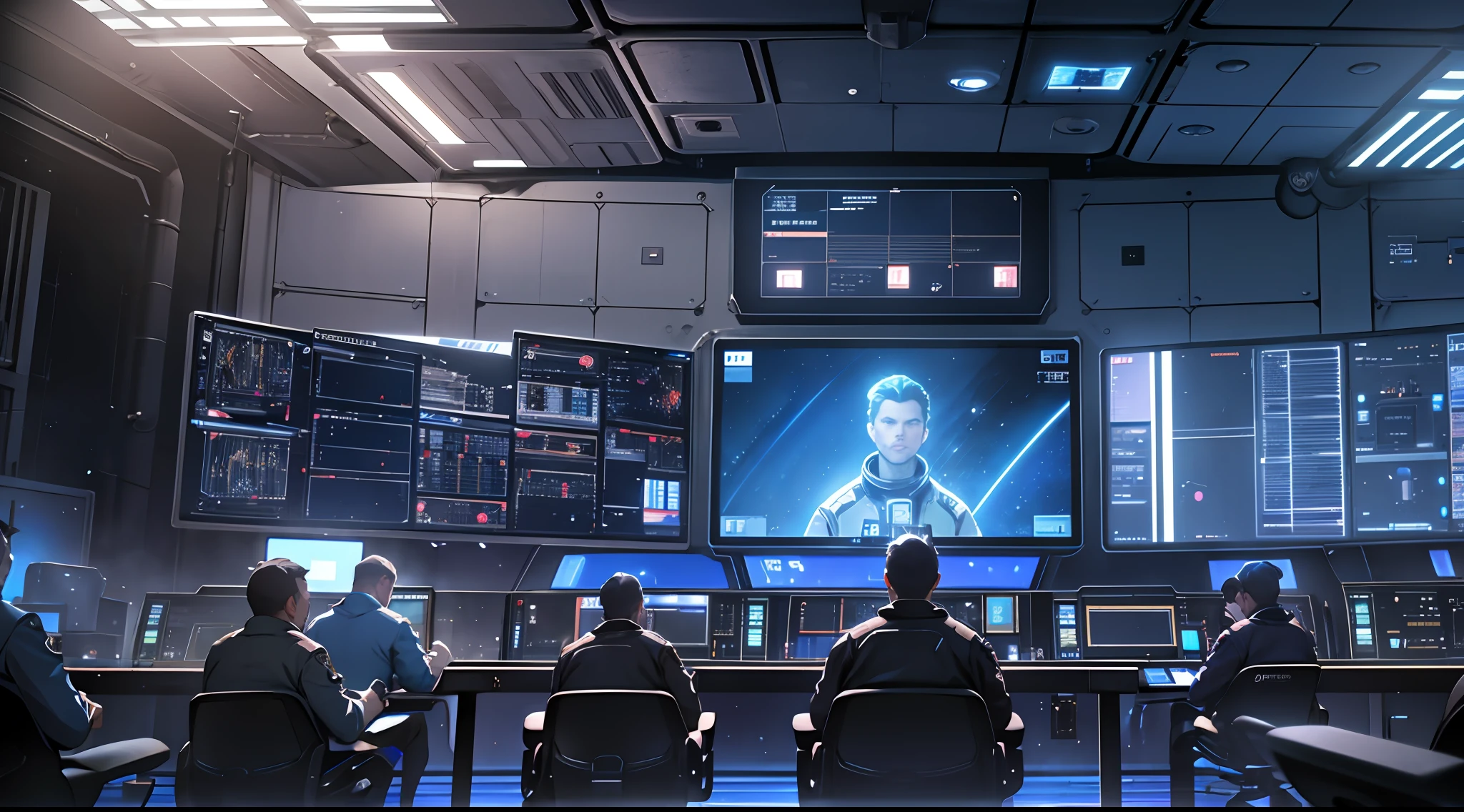 太空控制室, 控制大厅, 很多屏幕, 带蓝光的屏幕, 很多船员, 大家都鼓掌, 现实主义, 高细节, 电影灯光, 凉爽的灯光, 特写, 现实主义, 超高清, 高细节, 超级细节--自动--s2