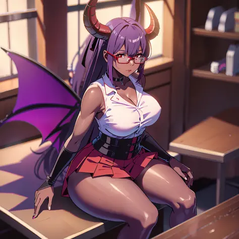 red horns, (dark skin), purple hair, (best quality, masterpiece), sitting, looking at the viewer, hands on the table, table in front, back of the office, 1woman, neckline, mini skirt, white shirt, large breasts, large thighs, dark skin, glasses, short, dar...