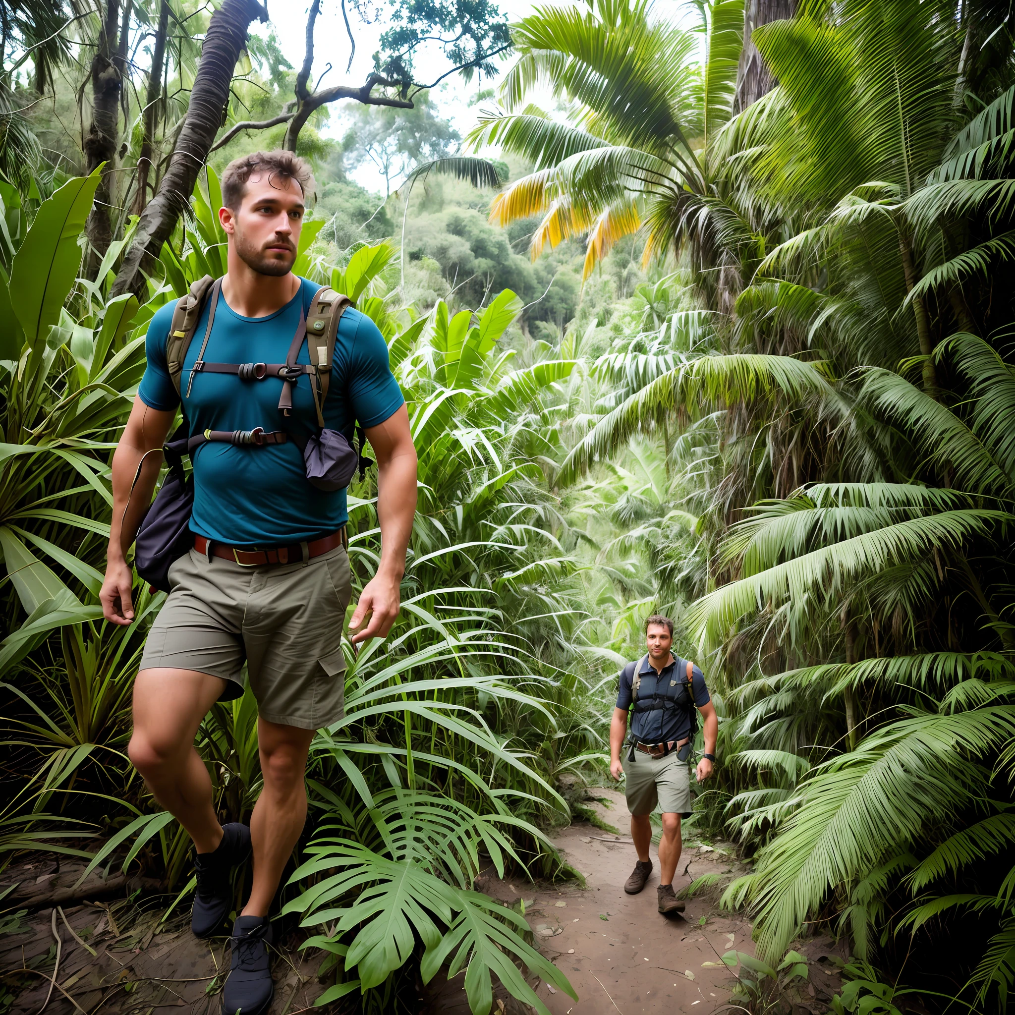 rugged adventurer lost in the jungle, determined to complete the mission