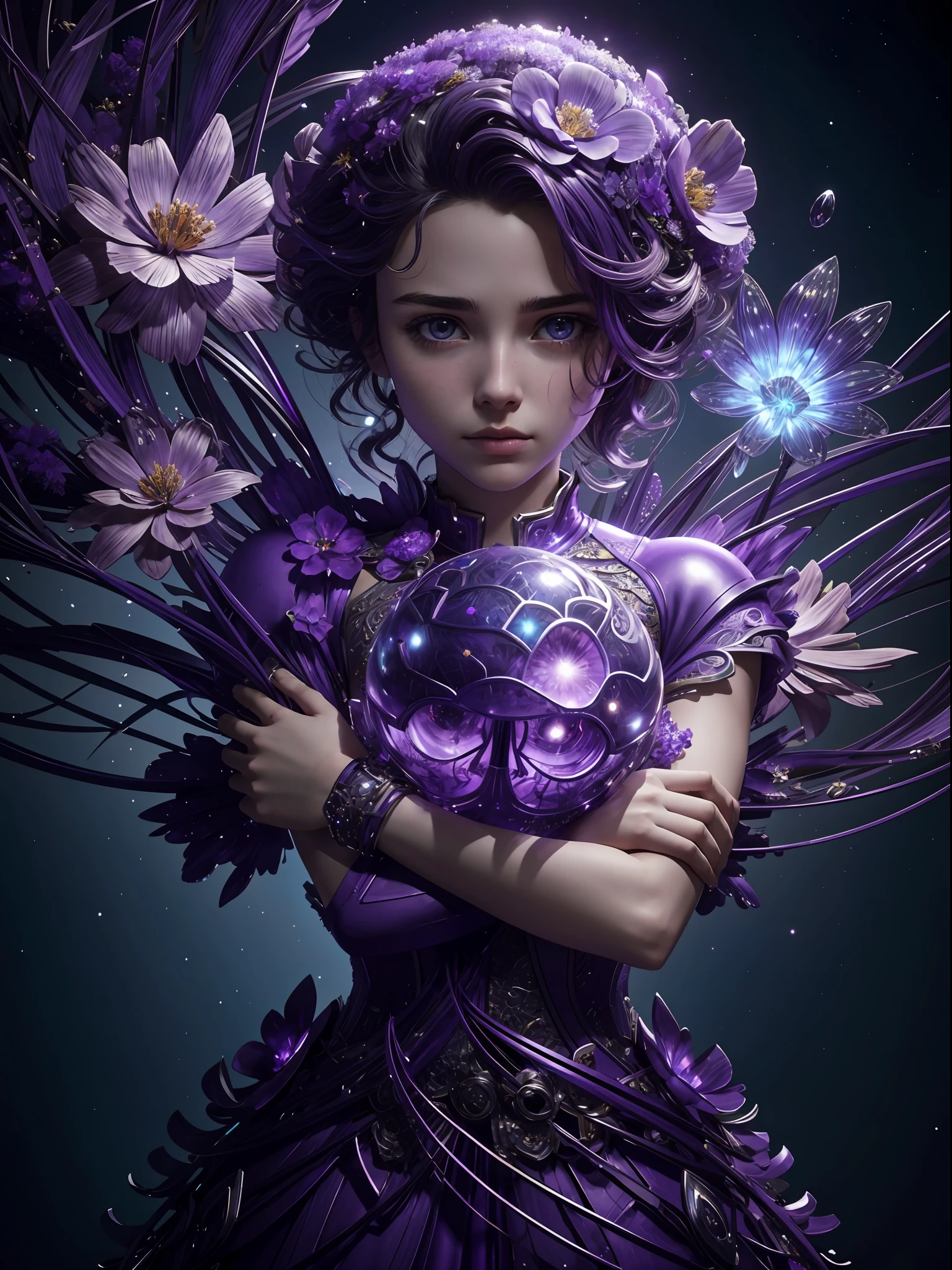 Incredible and spectacular scenes, ((high quality)), ((detailed)), ((fantasy)), "purple plasma brain, purple plasma body, realistic, best quality, 4K, flowers trapped in blisters at the top realistic, (handsome teenager and beautiful girl hugging), full body portrait", image quality (3D rendering effect) , exquisite details,