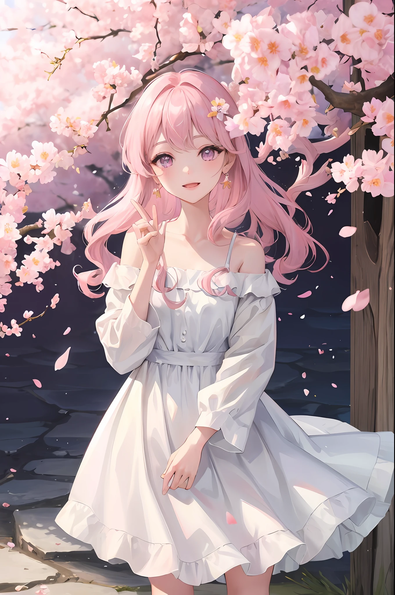 cherry_blossoms, falling_petals, petals, branch, pink_flower, 1girl,20-year-old, blue_sky, spring_\(season\), petals_on_liquid, flower, hanami, dress, (golden long curly hair: 1.5), wearing flower wreath, sky, outdoor, Clouds, bangs, smile, pink eyes, white dress with cherry blossoms, bare shoulders, earrings, best quality. Picture perfect. perfect hands. holding_flower, wind, tree, looking_at_viewer, cowboy shot, detail enhancement.