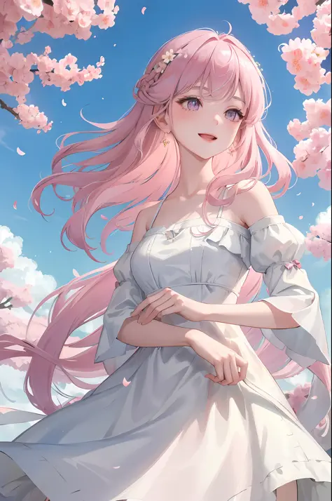 cherry_blossoms, falling_petals, petals, branch, pink_flower, 1girl,20-year-old, blue_sky, spring_\(season\), petals_on_liquid, flower, hanami, dress, (golden long curly hair: 1.5), wearing flower wreath, sky, outdoor, Clouds, bangs, smile, pink eyes, whit...