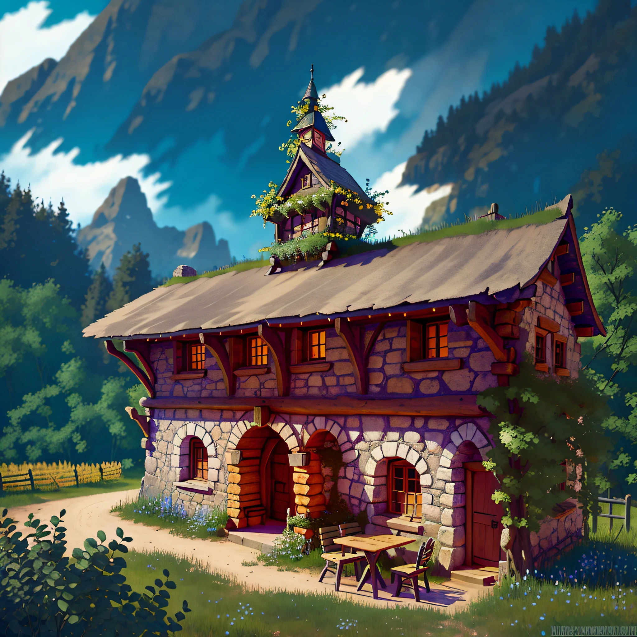 medieval tavern in a small village, in the background has a forest, mountains