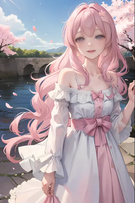 cherry_blossoms, falling_petals, petals, branch, pink_flower, 1girl,20-year-old, blue_sky, spring_\(season\), petals_on_liquid, flower, hanami, dress, (golden long curly hair: 1.5), wearing flower wreath, sky, outdoor, Clouds, bangs, smile, pink eyes, whit...