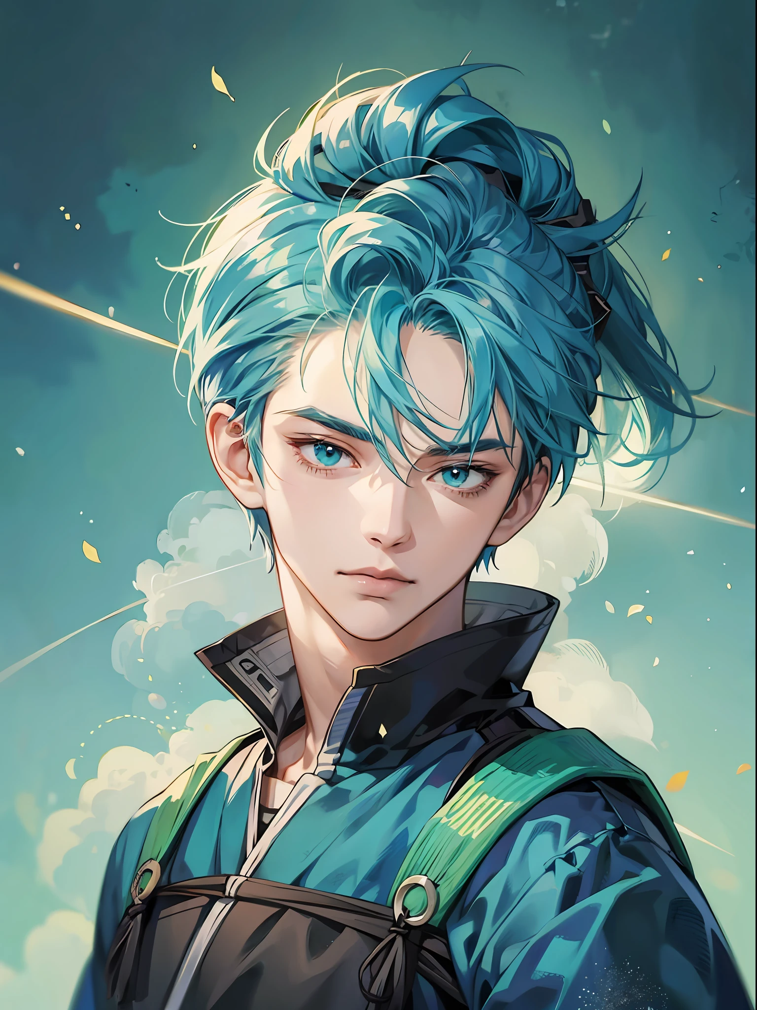 man, cyan hair, shinobi, anime - SeaArt AI