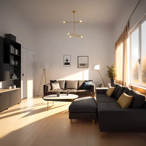 Great Living room, minimalistic, Scandinavian style, golden hour, volume lights, vray