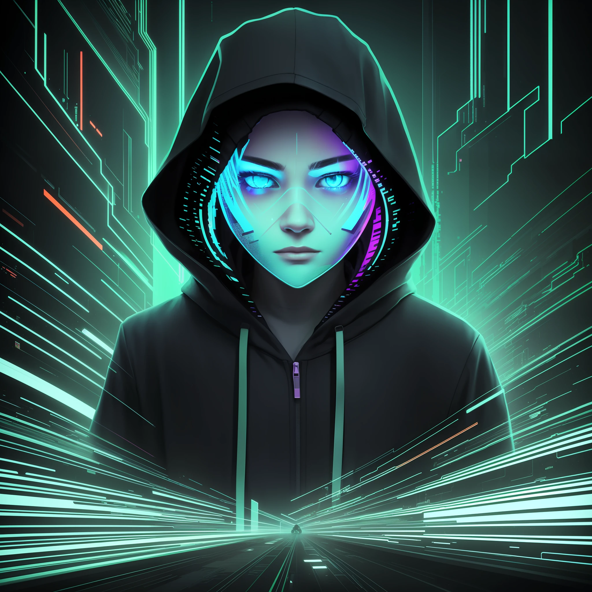 a close up of a person in a hoodie with a neon light, glitchy, hooded figure, glitch art, neon glitch, glitched, alternate album cover, vhs glitch, video glitch, ( ( dithered ) ), ( ( glitch art ) ), unexpected glitch art, analog glitch art, glitch art aesthetic, blurry and glitchy, noisy and glitched --auto --s2