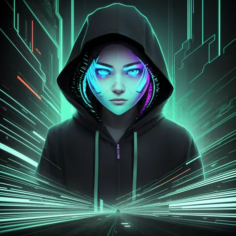 a close up of a person in a hoodie with a neon light, glitchy, hooded figure, glitch art, neon glitch, glitched, alternate album...