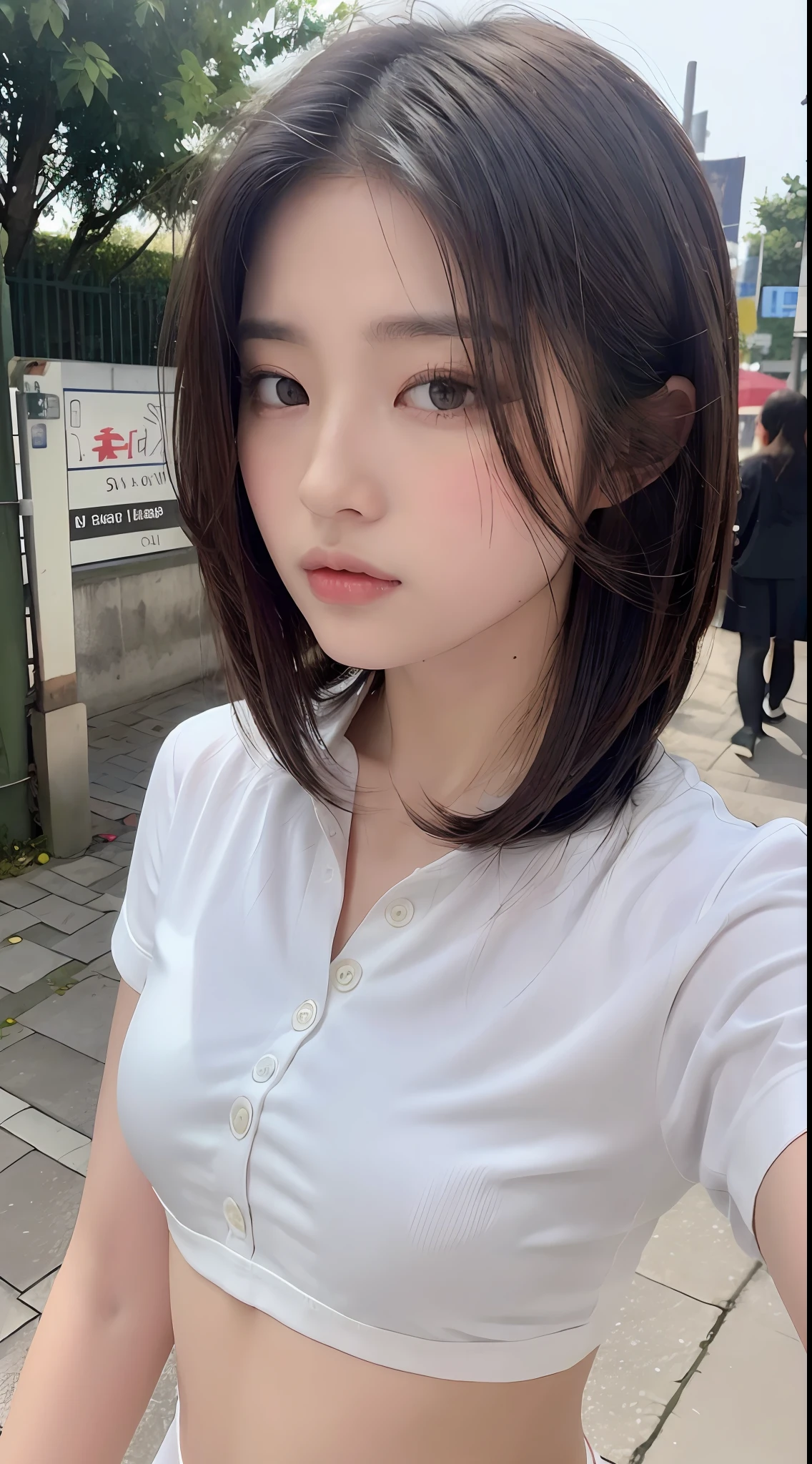 ((Best Quality, 8K, Masterpiece: 1.3)), Sharp: 1.2, Perfect Body Beauty: 1.4, Slim Abs: 1.2, ((Layered Hairstyle, :1.2)), (White Button Short Sleeve Shirt: 1.1), (Street: 1.2), Wet: 1.5, Highly detailed face and skin texture, Fine eyes, double eyelids, looking at the camera
