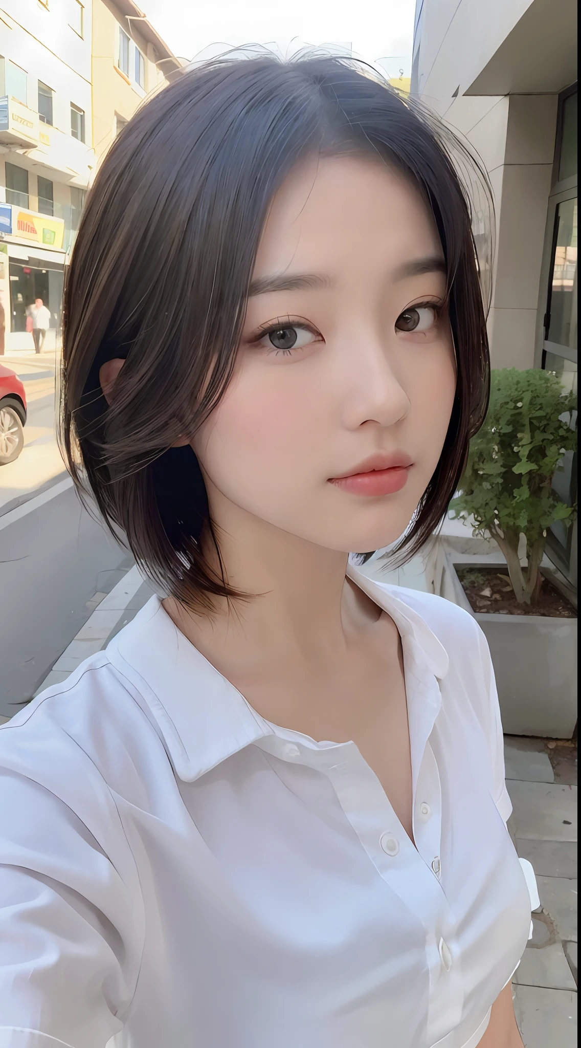 ((Best Quality, 8K, Masterpiece: 1.3)), Sharp: 1.2, Perfect Body Beauty: 1.4, Slim Abs: 1.2, ((Layered Hairstyle, :1.2)), (White Button Short Sleeve Shirt: 1.1), (Street: 1.2), Wet: 1.5, Highly detailed face and skin texture, Fine eyes, double eyelids, looking at the camera