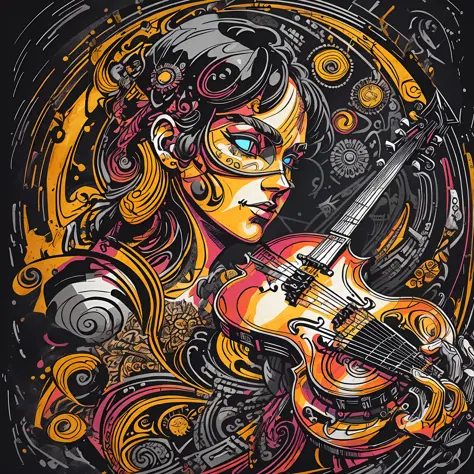 t-shirt art, 2d, ((black background: 1, 5)), vector, vivid colors, a violinist playing dystopian stage rock and roll style, mast...