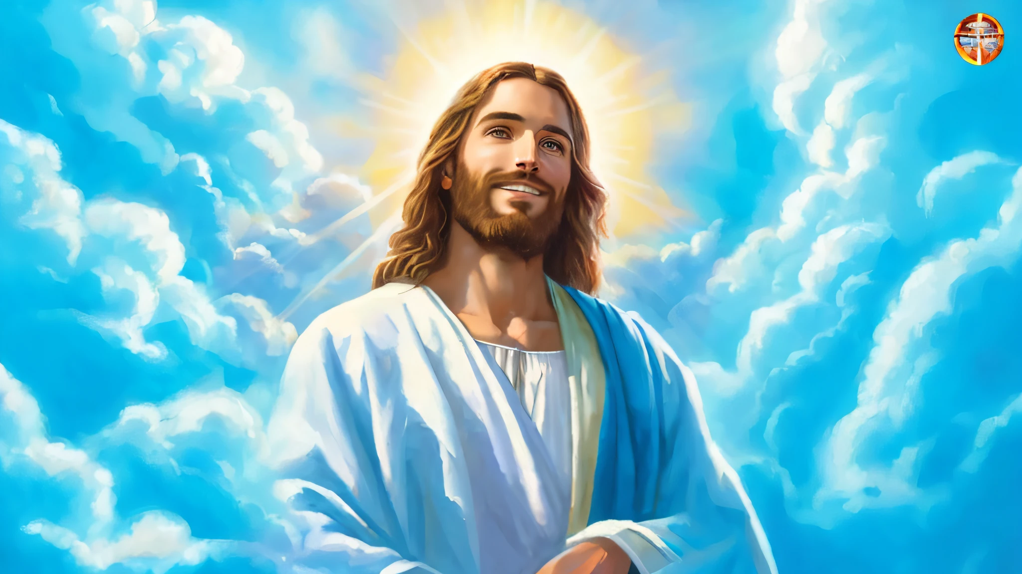 a painting of jesus with a halo in the sky, jesus christ, smiling in heaven, portrait of jesus christ, jesus face, young almighty god, portrait of a heavenly god, greg olsen, gigachad jesus, jesus of nazareth, jesus, the face of god, god looking at me, he is greeting you warmly, he is happy, avatar image