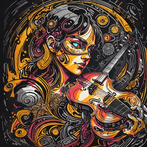 t-shirt art, 2d, ((black background: 1, 5)), vector, vivid colors, a violinist playing dystopian stage rock and roll style, mast...