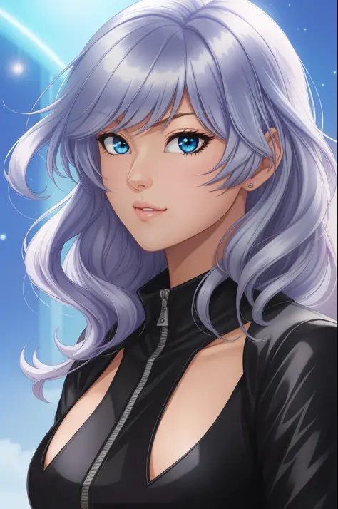 anime, black cat - marvel, 1girl, solo, in one ((black jumpsuit)), short silver hair, blue eyes, 8k, ((half-body)), neckline, by...