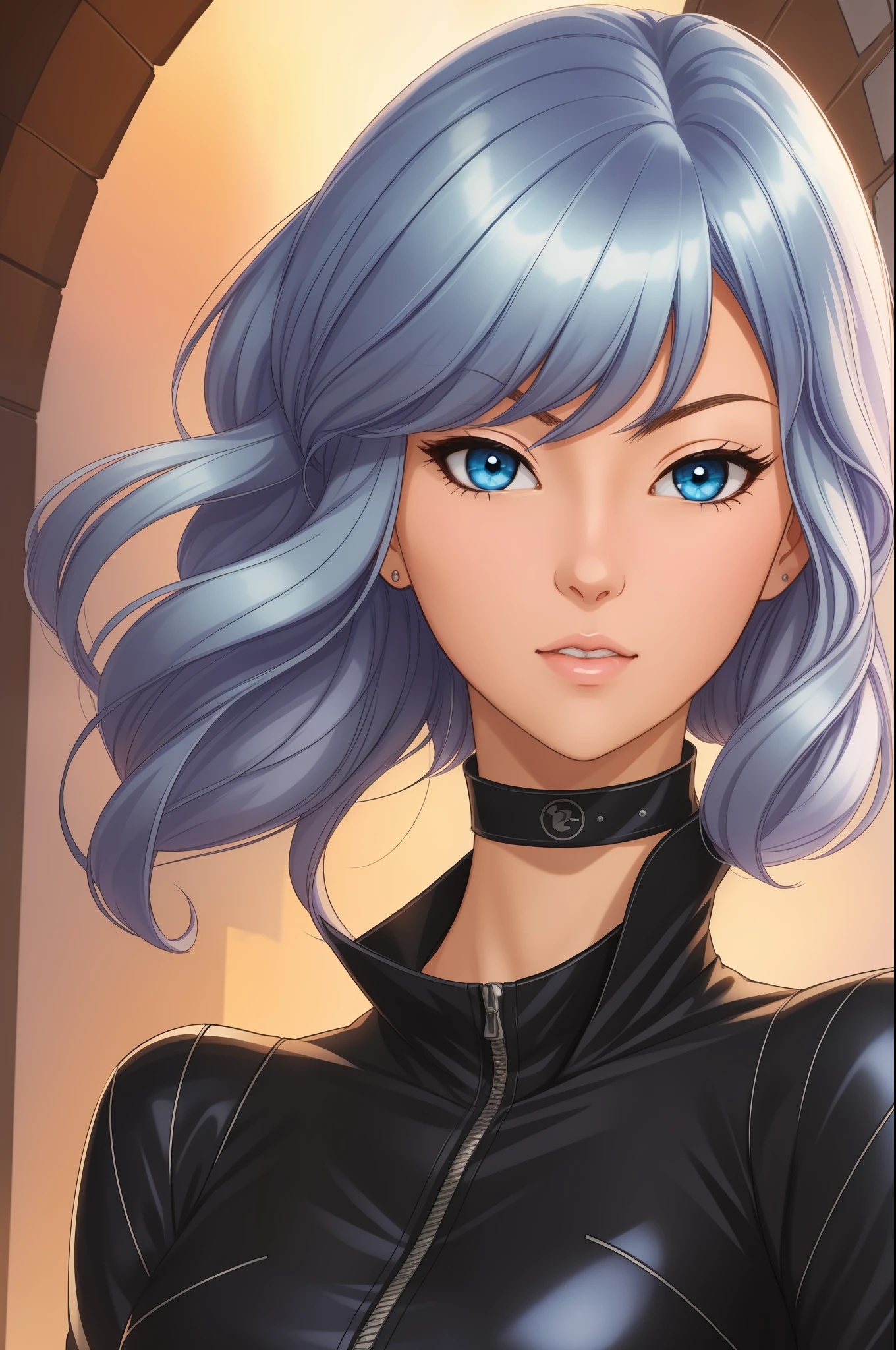 anime, Black cat - Marvel, 1girl, solo, in one ((black jumpsuit)), short silver hair, blue eyes, 8k, ((half-body)), neckline, by kyun, gamang, Yoon Gon-Ji, g.ho, gosonjak, shuroop, serious, domi, noah, trend in pixiv, fanbox, skeb, (best quality: 1.2), detailed face, soft and smooth skin, big dreamy eyes, beautiful intricate colored hair, symmetrical, wide anime eyes, soft lighting,  concept art,