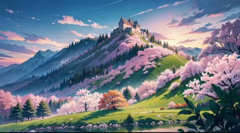landscape, nature, sakura tree, wind, winter, mountain range, mountain sitting near mountain, detailed water, peaceful, green grass, castle, extremely detailed, depth of field, cinematic lighting, Ghibli-like colours, high detail, scenery, high place, hori...