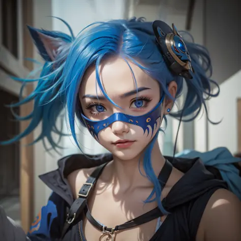 blue hair, social realism, focus on emotions, expressive eyes, enigmatic mask, depth of field, high definition (uhd)