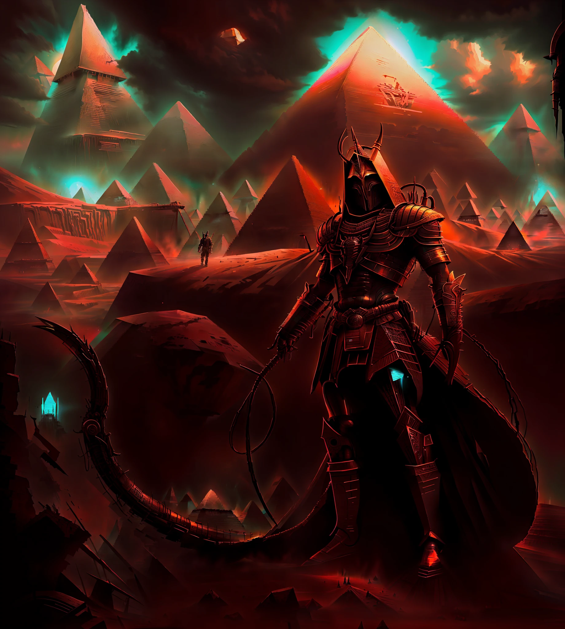 there is a man standing in front of a giant pyramid, detailed cover artwork, dark soul concept, nyarlathotep, album cover concept art, apocalypse art!!!!, shai-hulud, just art for dark metal music, dark high-contrast concept art, dark concept art, dark soul concept art, official artwork hdr