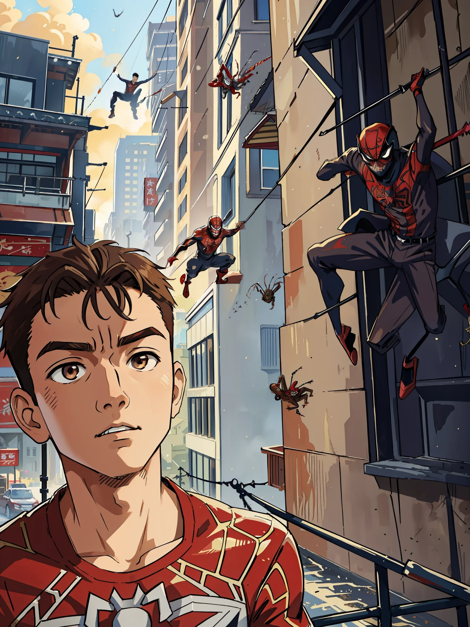 (masterpiece, best quality),  intricate details, 8k, artstation, wallpaper, official art, splash art, sharp focus,
1boy,  Nakiri Ayame, brown eyes, brown hair, 
 spider suit, spider web print, spider web,  
skyscrappers, city, buildings, cars, street, superhero pose